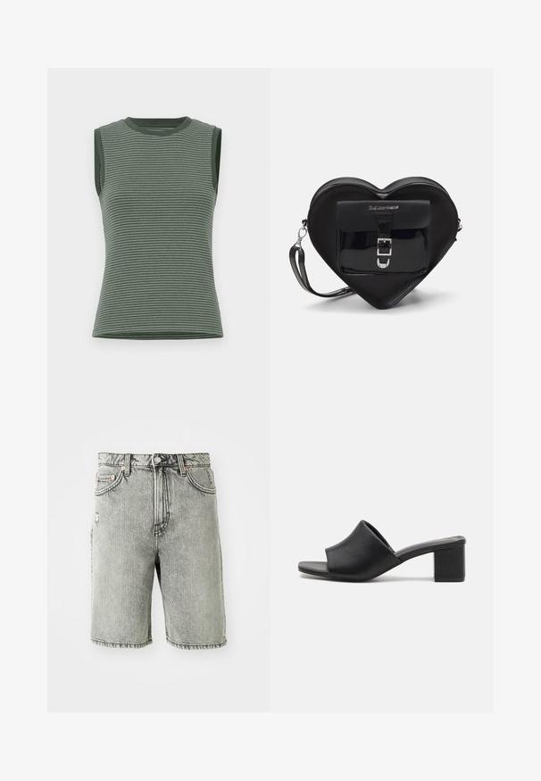 Ärmelloses Oberteil in gedämpftem Grün, mit horizontalen Streifen, geripptem Material und einem Rundhalsausschnitt mit kontrastierenden Armausschnitten.; Grau denim Shorts mit klassischem Fünf-Taschen-Design, einem verwitterten Finish und gestickten Details am Saum und der Taille.; Schwarze Leder-Mules mit Blockabsatz und offenem Zehenbereich, mit einer glatten Oberfläche und einem leicht geschwungenen Schaft für Komfort und Stil.; Schwarze, herzförmige Tasche aus Lackleder mit einer Vordertasche, die über einen Schnallenverschluss verfügt, sowie einem abnehmbaren Trageriemen. Silberne Hardware-Details.