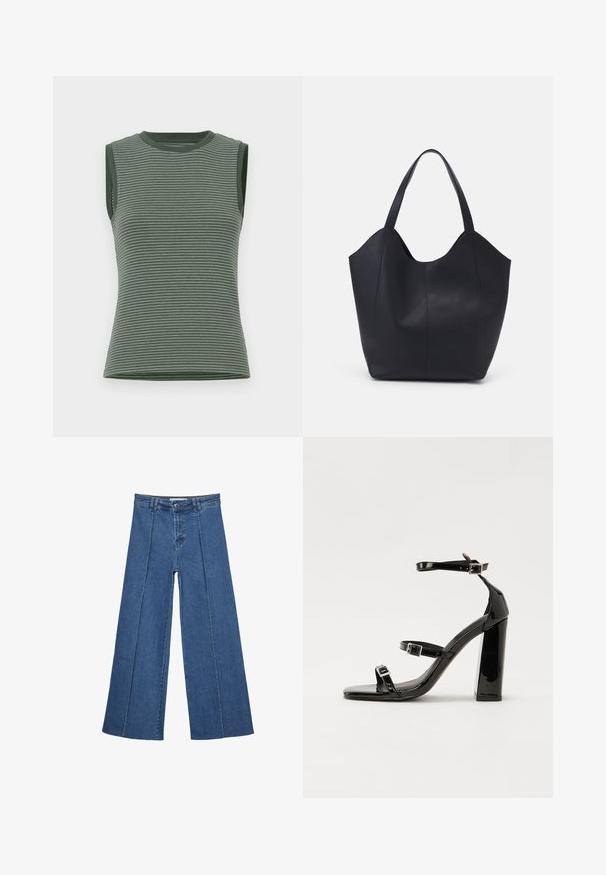 Bezrokavnik v umirjeni zeleni barvi, ki ima vodoravne črte, rebrasto teksturo in okroglo izrezane rokave s kontrastnimi obrobami.; Jeans širokih nogavic v srednji modri barvi, z visokim pasom, gumbom in kontrastnimi navpičnimi šivi spredaj.; Črne lakirane sandale s peto, kvadratnim prstom, trakovi okrog gležnja in srebrnimi zaponkami. Opremljene so s stabilno Debelo peto.; Črna torba v obliki tote iz gladke usnjene površine, ki ima ukrivljen odprt vrh z dvema naramnicama in minimalističnim dizajnom.