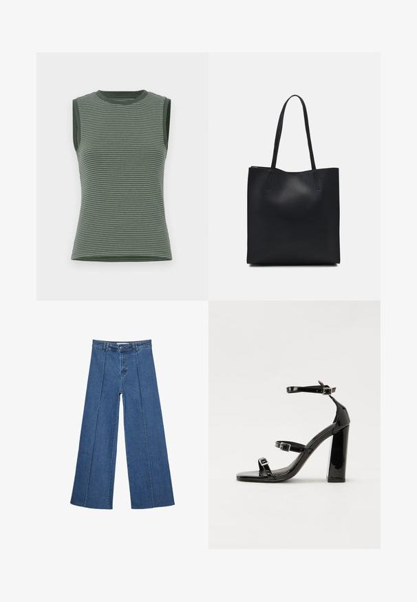 Top senza maniche di un verde tenue, con strisce orizzontali, texture a costine e scollatura a girocollo con bordi delle aperture delle maniche in contrasto.; Jeans in denim a gamba larga di blu medio, con vita alta, chiusura con bottone e dettagli delle cuciture verticali a contrasto lungo la parte anteriore.; Sandali con tacco in vernice nera, con punta squadrata, cinturini alla caviglia e fibbie in argento. Presentano un tacco a blocco spesso per maggiore stabilità.; Borsa tote in pelle nera con texture liscia, forma rettangolare e due manici lunghi. Nessun hardware o decorazione visibile.