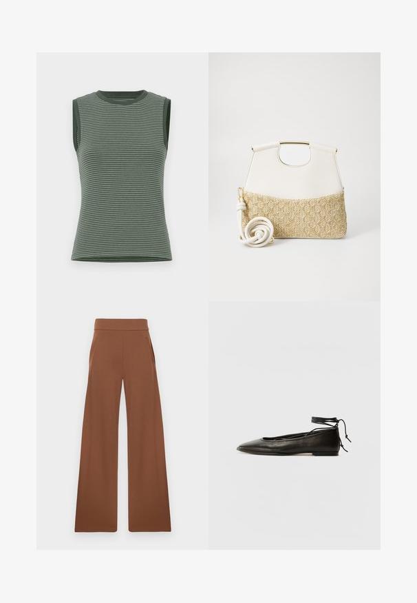 Bezragu spilgta topiņa bālgani zaļā krāsā ar horizontālām svītrām, ribotu tekstūru un apaļu kakla izgriezumu ar kontrastējošām roku caurumiem.; Brūni platajā kāju bikses ar gludu, elastīgu audumu. Iezīmē augstu jostu un sānu kabatas, paredzētas brīvai piegriezumam.; Melnas ādas baleta kurpes ar smailu purngalu, potītes saitēm un plakanu zoli, kas izceļas ar gludu tekstūru un minimālistisku dizainu.; Balta ādas rokassoma ar strukturētu krēmkrāsas austu audumu apakšā. Iekļauj zeltaini rokturi un saritinātu baltu siksnu daudzveidībai.