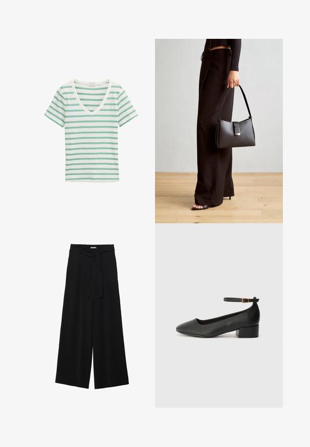 Roheline ja valge triibuline lühikeste varrukatega T-särk, V-kaelusega disain, valmistatud orgaanilisest puuvillast, millel on pehme tekstuur ja mugav lõige.; Mustad laiad püksid, millel on tekstureeritud kangas, elastne vöökoht ja eemaldatav pael vööst, et reguleerida sobivust.; Must mustaapp, millel on terav nina ja madal blokk-kand. Omab pahkluu rihma koos kuldse tooni pandlaga. Sile tekstuur.; Must musta kott, millel on struktureeritud kuju, sile tekstuur ja metallist klamber. Kombineeritud laiate mustade pükstega ja avatud varvaste sandaalidega puidust põrandal.
