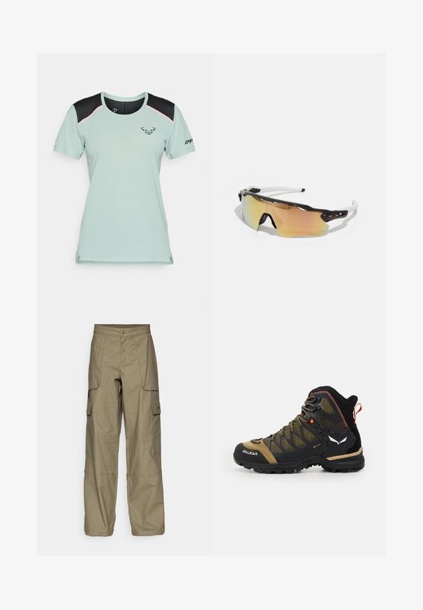 Mėtų žalios spalvos trumpomis rankovėmis sportinė marškinėliai su juodais pečiais, rožinėmis detalėmis, ventiliuojamomis šoninėmis dalimis ir juodu logotipu ant krūtinės bei rankovės.; Alyvuogių žalios spalvos cargo kelnės, pasižyminčios laisvu siluetu, keliais šoninėmis kišenėmis ir sagčių uždarymu juosmens srityje. Lygi tekstūra.; Vidutinio aukščio žygio batai juodos ir alyvuogių spalvos, su tinklo viršumi, guminėmis padais ir tekstūruotomis detalėmis bei galine traukimo juostele.; Akiniai nuo saulės su juodai balta rėmu, dideliais veidrodiniais objektyvais auksinėmis ir rožinėmis atspalviais, aerodinaminis dizainas ir išplėstas išorinis rėmelis.