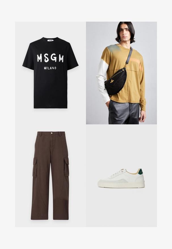 Tricou negru din bumbac cu text alb îndrăzneț „MSGM MILANO.” Mâneci scurte și guler rotund. Textură netedă cu o croială lejeră.; Han Kjøbenhavn CARGO TROUSERS - Pantaloni cargo - dark brown; Sneaker alb cu accente din suede, vârf rotund, șireturi plate și o talpă din cauciuc crem. Are un logo verde pe călcâie.; Vivienne Westwood CITY BUMBAG UNISEX - Borsetă - black