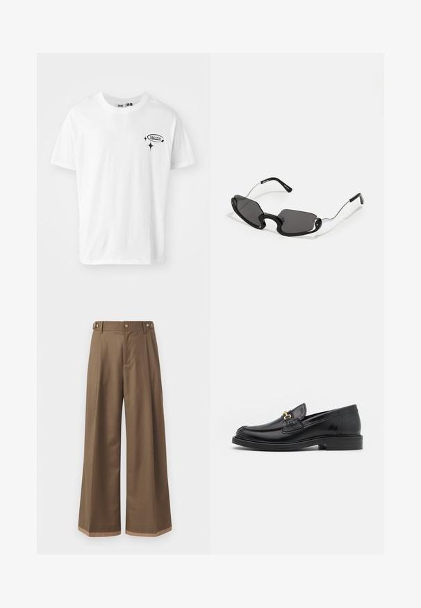 White cotton t-shirt with short sleeves, round neckline, and a black printed logo on the left chest area. Smooth texture, casual design.; Wide-leg trousers in a dark brown fabric, featuring two side pockets, two decorative front buttons, and a contrast hem detail.; Black leather loafers with a rounded toe, featuring gold hardware accent and stitching detail, set on a low, textured rubber sole.; Black sunglasses with a unique shield shape, featuring dark lenses and thin silver metal arms. The frames have rounded accents and a bold design.