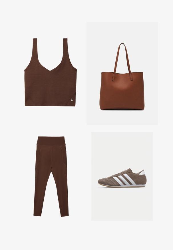 Brūns sporta krūšturis ar V-veida kakla izgriezumu, izgatavots no gludas, elastīgas auduma. Tam ir platās siksnas un mazs logo akcents pie apakšmalas.; Brūnas legingi, izgatavoti no elastīga materiāla, ar ribotu augsto jostasvietu un sānu kabatām. Iespējams, ka tie ir ar plakanšuvēm, kas nodrošina papildu izturību.; Brūnas zamšādas sporta kurpes ar baltām svītrām, apaļā purngala forma, ar auklēm, un gumijas zole. Tekstūrēts augšdaļa ar šuvju detaļām.; Brūna ādas iepirkumu soma ar gludu tekstūru, atvērta augšdaļa un divas plecu siksnas. Izceļas ar minimālām šuvēm un redzamu aparatūru nav.