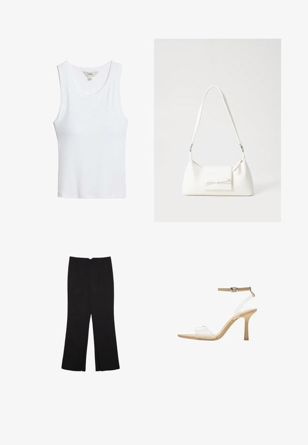 White ribbed sleeveless tank top with round neckline and M&S label at the collar, laid flat on a white background.; Black trousers with a straight fit, featuring front pockets and side slits at the hem. Made of soft, smooth fabric. Suitable for various occasions.; Clear heeled sandal with a transparent upper, beige footbed, and a slender ankle strap. Features a pointed toe and a thin high heel.; White synthetic handbag with a triangular shape, flat front flap and bow detail, adjustable strap, smooth texture, and minimalistic design.