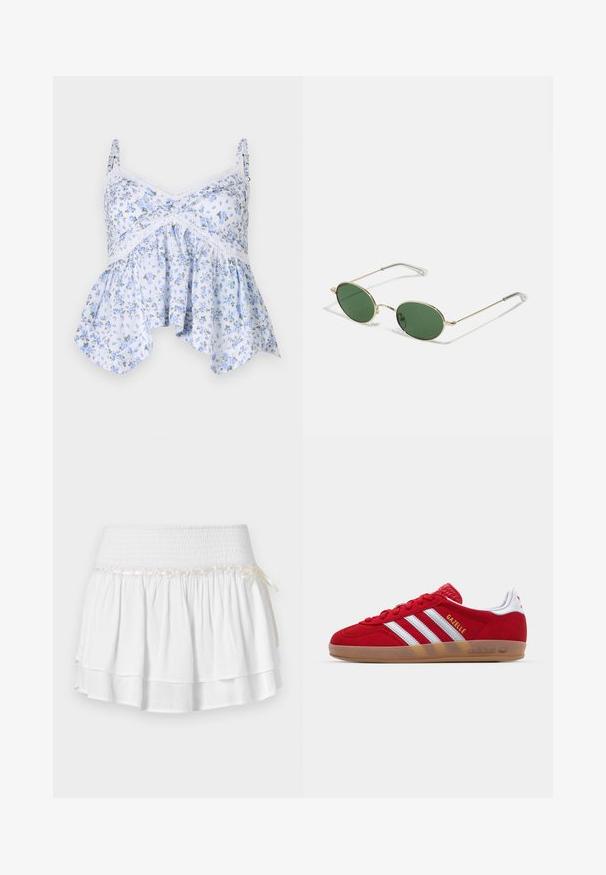 Lyseblå blomstret top med tynde stropper, blondekant og vidde forneden. Materialet synes blødt med et delikat blomstermønster.; Hvid tiered nederdel med elastisk talje, der har en tekstureret smocking-detalje og en dekorativ båndaccent. Lavet af bomuldsstof.; Rød ruskinds sneakers med hvidt tre-stribedesign og guld "Gazelle" tekst. Har en gummisål og en tekstureret hæl.; Guldindfattede solbriller med grønne ovale glas og fine metalarme. Har klare plastikhætter på armene for komfort.; Vævet stråkurv med brune læderdetaljer, to håndtag og en aftagelig rem. Buet form med en robust bund.