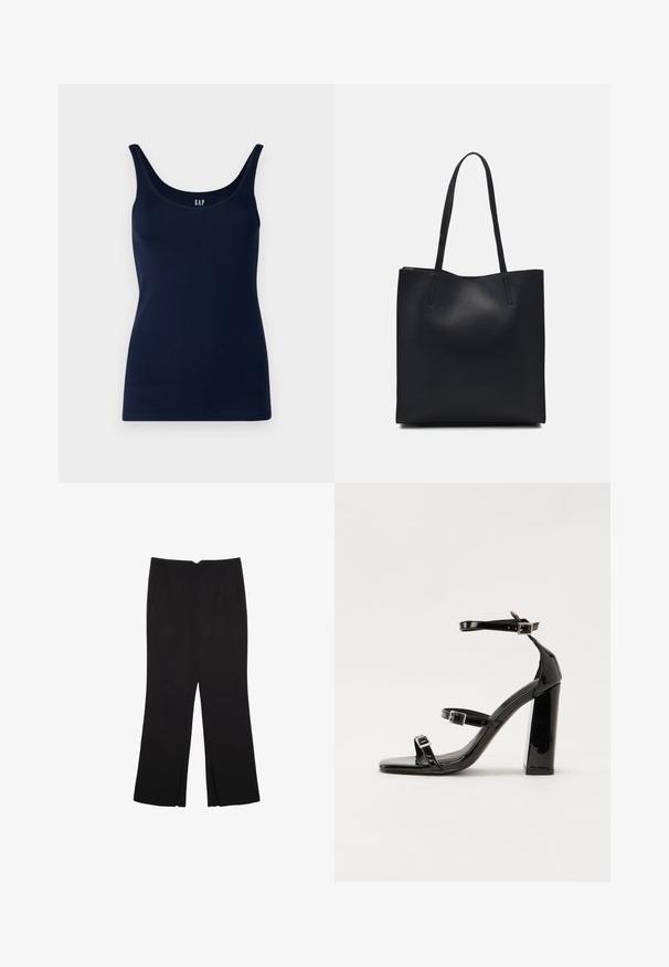Námornícky modrá tielko vyrobené z mäkkej pružnej tkaniny, s okrúhlym výstrihom a širokými ramienkami. Jednoduchý dizajn bez vzorov alebo akcentov.; Čierne nohavice so strihom rovného strihu, s prednými vreckami a bočnými rozparkami na leme. Vyrobené z mäkkej, hladkej tkaniny. Vhodné na rôzne príležitosti.; Čierne lakované sandále na podpätku so štvorcovou špičkou, navlečenými remienkami okolo členku a striebornými prackami. Disponujú masívnym blokovým podpätkom pre stabilitu.; Čierna kožená taška na rameno s hladkým povrchom, obdĺžnikovým tvarom a dvoma dlhými uchami. Bez viditeľného kovania alebo ozdôb.