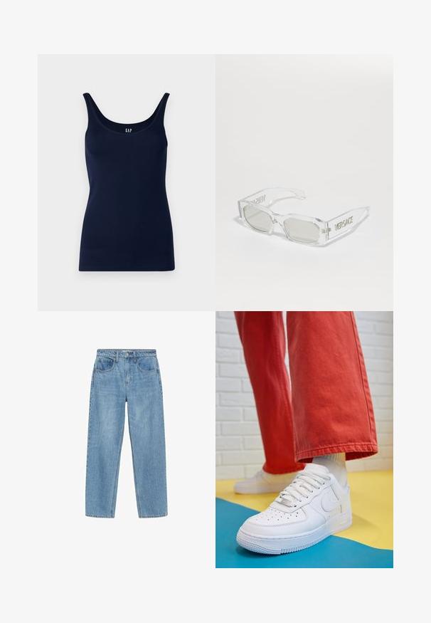 Top bleumarin din material elastic si moale, cu decolteu rotund si bretele late. Design simplu, fara modele sau accente.; Jeans din denim de un albastru deschis, cu croi drept, talie înaltă, două buzunare frontale și închidere clasică cu nasture. Ușoară decolorare și fără embelișări.; Tenis alb din piele cu fanta pe vârful piciorului, talpă texturată și șireturi albe, purtat cu pantaloni larga roșii și un fundal albastru și galben.; Ochelari de soare din plastic transparent cu lentile gri, formă rectangulară, logo-ul „Versace” embosat pe brate, evidențiind un design modern.