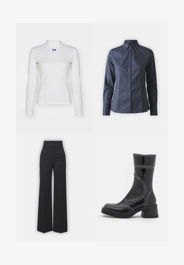 Baltas ilgomis rankovėmis golfas, pagamintas iš elastinės medžiagos, su prigludusiu dizainu ir mažyte mėlyna logotipu ant krūtinės.; Tamsiai mėlynas ilgomis rankovėmis marškinys su sagomis priekyje, smailiu apykaklės dizainu ir pritaikytu siluetu. Pagamintas iš lygaus, lengvo audinio.; Juodos plačios kojinės kelnės su aukštu juosmeniu, turinčios švarų apdailą ir lygų paviršių. Matomi jokių metalinių detalių ar raštų.; Juodo lakuoto odos kulkšninis batas su baltomis siūlėmis, apvaliu pirštu ir blokuotu kulnu. Ypatinasi išlenktomis dizaino linijomis ir lygia tekstūra.