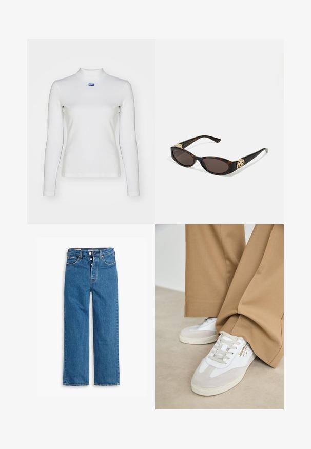 Fehér, hosszú ujjú, garbós felső, rugalmas anyagból készült, testhezálló fazonnal és egy kicsi, kék logóval a mellen.; Kék farmer egyenes szárú nadrág, magas derékkal, öt zsebes kialakítással és gombos résszel. Figyelemfelkeltő varrás és rézszínű szegecsek jellemzik.; Fehér sportcipők velúr részletekkel, texturált fűzővel és gumitalppal. Laza barackszínű nadrággal párosítva. A logó az oldalon látható.; Tortából készült napszemüveg, hosszúkás ovális lencsékkel, barna színű árnyalattal, arany logóval a fülkagylón, és karcsú fekete szárakkal.