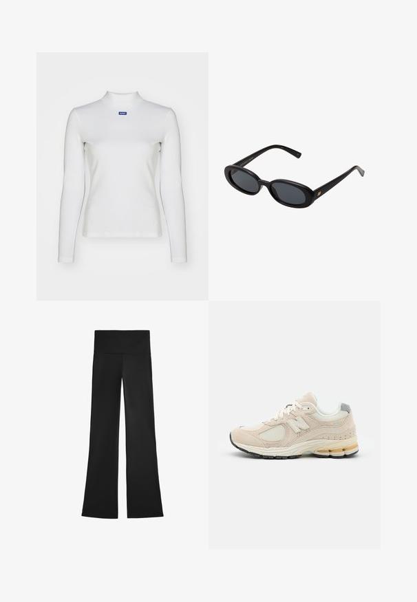 Vit långärmad polo tröja i stretchtyg, med en figurnära design och en liten blå logga på bröstet.; Svarta utsvängda byxor i stretchigt tyg, med hög midja och slät textur, utan synliga mönster eller metalldetaljer.; Ljusbeige löparsko med mesh- och mockamaterial, med en dämpad sula, snörning och en grå detalj vid hälen.; Svarta överdimensionerade solglasögon med ovala linser, slät plastbåge och guldaccent på bågarna. Mörka linser ger solskydd.