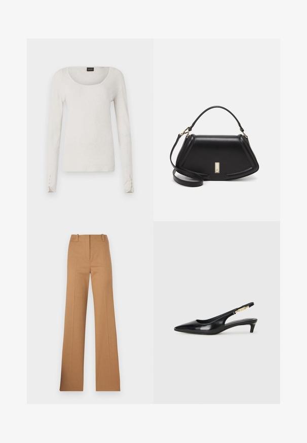 Langermet lys grå T-skjorte i myk bomull med rund hals og knappdetaljer ved ermekantene. Enkel og minimalistisk design.; HUGO HULANA - Chinos - open brown; Sorte lærreim hæler med spiss tå, som har en slank hæl og en gullfarget detalj på den justerbare stroppen. Glatt tekstur.; Sort lærveske med en strukturert design, som har en avkortet form, topphåndtak og detaljer i gull. Justerbar skulderstropp inkludert.