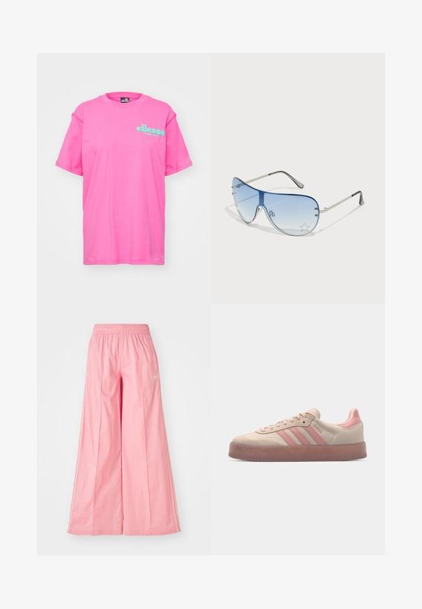 Ellesse CAMPOFELICE - Trükipildiga T-särk - pink; Roosa laiad püksid, mis on valmistatud kerge materjalist, elastse vöökoha ja peente valgete külgtriipudega. Ees on väike logo.; Beežist nahkkingad heledate roosa aktsentidega, tekstuuriga kummitald, ning kolm roosa triipu külgedel. Ümar nina ja nööridega disain.; Aviatori prillid, millel on gradient sinine objektiiv, hõbedane metallraam ja dekoratiivsed staaraktsendid objektiivil. Sujuv ja stiilne disain.
