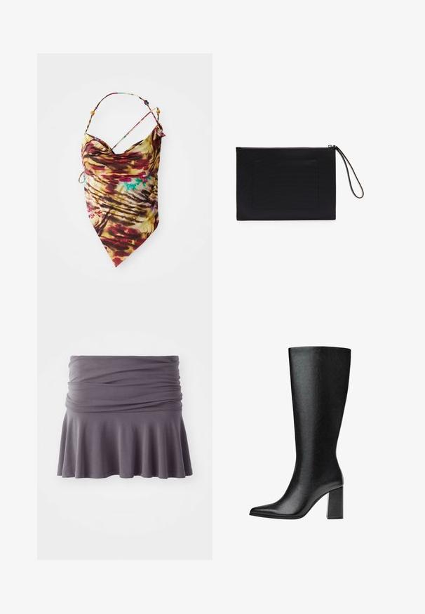 Tie-dye halter top with thin straps and bead details, featuring a mix of red, yellow, brown, and hints of blue, laid flat on white background.; Gray, knee-length skirt made of soft fabric with a gathered waist and flared hem. Features smooth texture and simple design.; Black knee-high boot made of faux leather with a pointed toe, smooth texture, and a chunky block heel. Minimalist design with no visible accents.; Black clutch bag made from textured fabric with a rectangular shape, featuring a zip closure and a wrist strap. Includes a front pocket.