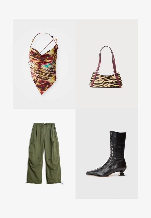 Tie-dye halterneck topp med tunna band och pärldetaljer, med en blandning av röd, gul, brun och inslag av blått, utlagd på en vit bakgrund.; Olivgröna cargobyxor med elastisk midja, dragsko, sidofickor med klaff och justerbara kantar, utlagda på vit bakgrund.; Svart läder ankelstövel med spetsig tå, snörning framtill, metallöglor, låg blockklack och en slank design. Slät textur, modern siluett.; Liten handväska med tigertryck, vinröda läderremmar, guldtonad Guess-logotyp och en charm hängande från remring.
