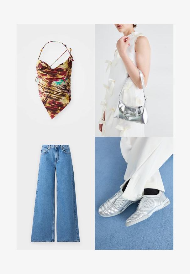 Top w stylu tie-dye na ramiączkach z cienkimi paskami i detalami z koralików, z mieszanką czerwonego, żółtego, brązowego oraz akcentami niebieskiego, leżący na białym tle.; Szerokie jeansy z niebieskiego denimu z wysokim stanem, z klasycznym pięciopocketowym wzorem i szwami po bokach dla dodatkowego efektu.; Srebrne buty sportowe o gładkim, błyszczącym wykończeniu, z wyszywanym wzorem i numerem 90 po boku, zestawione z białymi spodniami.; Srebrna metaliczna torebka o strukturalnym kształcie, wyposażona w górną rączkę i detal w postaci kokardy z przodu. Gładka tekstura, odbijające światło wykończenie.