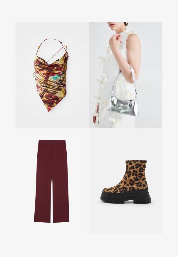 Top halter de tie-dye con tirantes finos y detalles de cuentas, que presenta una mezcla de rojo, amarillo, marrón y toques de azul, colocado sobre un fondo blanco.; Pantalones burdeos con un diseño de pierna ancha, que cuentan con un cierre de botón, dos bolsillos laterales y detalles de pliegues en la parte frontal. Textura de tela suave.; Botas hasta el tobillo con estampado de leopardo, parte superior de tela suave, suela plataforma negra gruesa y textura acanalada para mayor tracción. Silueta elegante y moderna.; Bolso de mano metálico plateado con forma estructurada, que presenta un asa superior y un detalle de lazo en el frente. Textura suave y acabado reflectante.