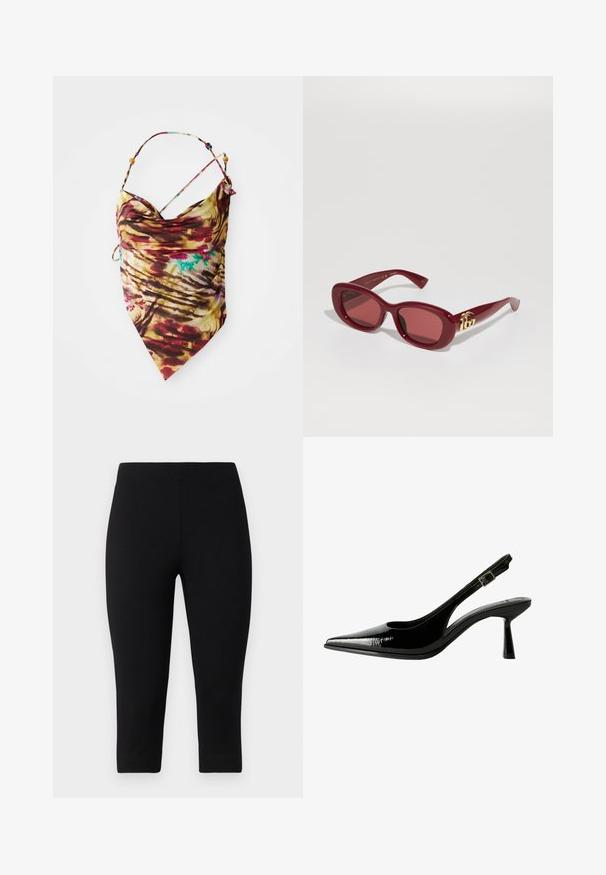 Bunte Batik-Halfterbluse mit dünnen Trägern und Perlendetails, in einem Mix aus Rot, Gelb, Braun und kleinen Blautönen, auf weißem Hintergrund flach ausgelegt.; Schwarze Capri-Leggings aus dehnbarem Material, die eng anliegen und eine glatte Textur aufweisen, ohne auffällige Muster oder Akzente.; Schwarze Lackleder Slingback-Pumps mit spitzem Zeh, ausgeschnittenen Seiten, verstellbarem Knöchelriemen und einem dünnen, eleganten Absatz.; Rote Plastiksonnenbrille mit rechteckigen Rahmen, getönten Gläsern und einer goldenen Logo-Akzentuierung an den Bügeln. Glatte, glänzende Oberfläche.; Schwarzes Blütenhalsband aus geschichteten Blütenblättern, getragen mit einem schwarzen, gerippten Tanktop, das silberne Akzente entlang des Halsausschnitts und der Schultern aufweist.
