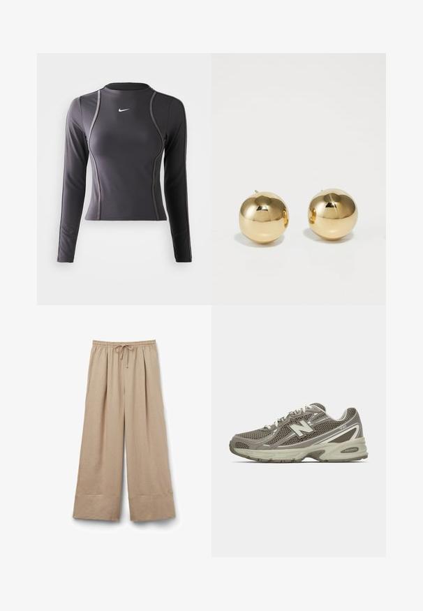 Langärmliges Sportoberteil in Dunkelgrau, aus dehnbarem Material, mit rundem Ausschnitt und kontrastierenden Nähten. Nike-Logo auf der Brust.; Beige Hochwasserhose aus leichtem Stoff. Sie verfügt über einen elastischen Bund mit Kordelzug und gerade Säume.; Sportlichen Schuh aus grauem und beigem Mesh mit strukturierter Oberfläche, ausgestattet mit einer gepolsterten Sohle, weißen Schnürsenkeln und reflektierenden silbernen Akzenten.; Goldene, kugelförmige Steckohrringe mit polierter Oberfläche und kleinem Steg. Sie weisen eine glatte Textur und reflektierende Oberfläche auf.