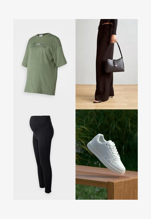 Alyvuogių spalvos per didelis medvilninis marškinėliai su trumpomis rankovėmis, apvalia kaklo linija, šoninėmis plyšimis ir spaudiniu su gėlių akcentais priekyje.; Juodos nėštumo legging'ų kelnės su aukšta juosmens linija, pagamintos iš tamprios medžiagos. Savybės: lygi tekstūra ir prigludusi konstrukcija, užtikrinanti komfortą.; Balti sneakeriai su lygia sintetine viršutine dalimi, perforuota pirštų zona, plokščiomis raištelėmis ir tekstūruotu padu, padėti ant medinės paviršiaus.; Juodas rankinė struktūrizuota forma, lygi tekstūra ir metalinis užsegimas. Suporuota su plačiomis juodomis kelnėmis ir atvirais bateliais ant medinių grindų.