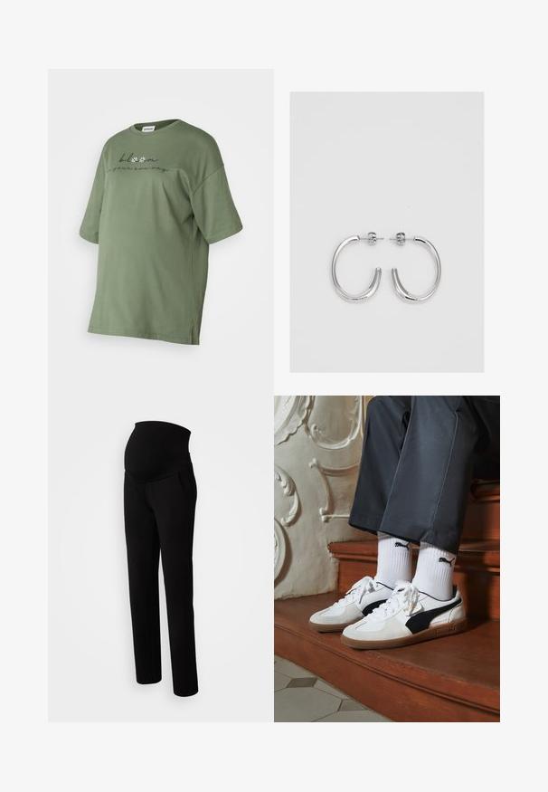 Olive roheline ülepaisutatud puuvillane T-särk lühikeste varrukatega, ümmargune kaelus, külgmised lõhed ning esiküljel trükitud tekst lilleliste aktsentidega.; Mustus raseduspüksid, millel on veniv vöökohus mugavuse tagamiseks, küljetaskud, sirged sääred ja pehme kangastekstuuri.; Puma tossud valgest ja mustast südamikust, millel on pruun kummi tall. Kombineeritud valgete sokkidega, millel on must logo, kantud tumedate pükstega.; Hõbedast rõngaskõrvarõngad sileda ja läikiva pinnaga, kõveriku kujuga ning postitaksega sulgur. Minimalistlik disain kaasaegse viimistlusega.