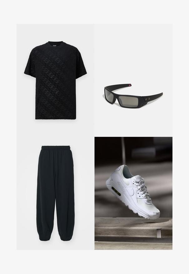 Must musternahkade shirt, millel on tekstuuriga must pind ja geomeetriline disain, ümmargune kaelus ja lõdva istuvusega.; Mustade elastse vöökoha ja laia lõikega dressipüksid, mansetiga sääred, sile tekstuur ning ilma nähtavate mustrite või detailideta.; Valged Nike Air Max 90 sneakers, millel on võrkkangast ja nahast ülemine osa, aukudega varbadosa ning nähtav õhuüksus kandades.; Mustad mustaga viimistlusega prillid, ristkülikukujulised läätsed, templite kerge kõverus, diskreetne logo detail ja suitsutatud läätsed.