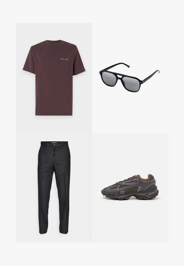 Bourgogne bomulds t-shirt med korte ærmer og rund hals, med brandnavnet "Samsoe Samsoe" trykt i hvidt på brystet.; Sorte bukser lavet af et glat stof, med en frontlukning med knap, lige ben og uden synlige lommer eller mønstre.; Lacoste sneakers i mørkegrå med mesh og syntetisk materiale, udstyret med en tekstureret sål og brune accenter på kraven og brandingen.; Sorte solbriller med rektangulære rammer, gråt tonede linser og en broudskæring design. Slankt, glat plastmateriale med smalle stænger.