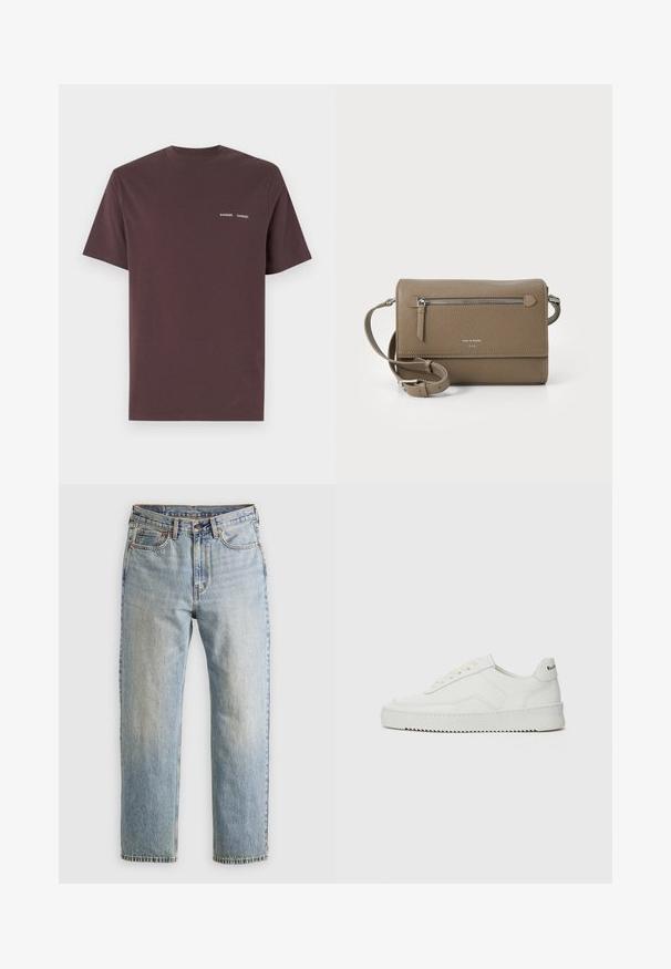 Βουργουνδί cotton t-shirt με κοντά μανίκια και στρογγυλή λαιμόκοψη, με το όνομα της μάρκας "Samsoe Samsoe" εκτυπωμένο στα λευκά στο στήθος.; Ανοιχτού μπλε τζιν παντελόνι με ψηλή μέση, μπροστινό κουμπί, φερμουάρ και σχεδίαση πέντε τσέπες, τοποθετημένο επίπεδα σε ουδέτερο φόντο.; Λευκό δερμάτινο sneakers με λείο φινίρισμα, στρογγυλή μύτη, επίπεδα κορδόνια και υφή στην σόλα. Φέρει μια διακριτική λογότυπο στη φτέρνα.; Ταπέ δερμάτινη τσάντα χιαστί με τσέπη στο μπροστινό μέρος με φερμουάρ, ρυθμιζόμενος ιμάντας, υφή πέτρας και ανάγλυφο λογότυπο στο μπροστινό μέρος.