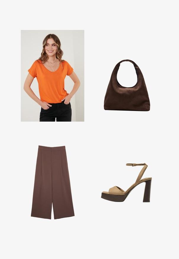 Orange V-udskæring T-shirt i blødt stof med rullede korte ærmer, parret med sorte bukser. Enkel design, ingen mønstre eller bemærkelsesværdige accenter.; Brune bredbunde bukser med en glat tekstur, der har høj talje og plisseringer foran. Stoffet er let og falder løst.; Beige ruskinds højhælede sandaler med en bred foranrem og ankelrem, der har en kraftig træblokhæls struktur.; Blød brun hobo-stil håndtaske med en enkelt bred strop og en buet åbning på toppen, vist på en hvid baggrund.