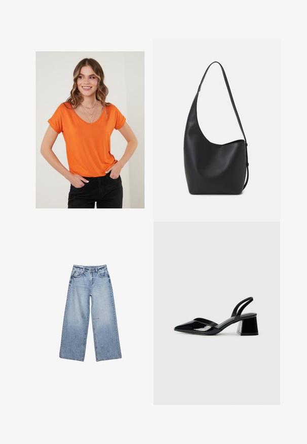 Oranžové tričko s výstrihom do V z jemnej látky s rolovanými krátkymi rukávmi, v kombinácii s čiernymi nohavicami. Jednoduchý dizajn, bez vzorov alebo nápadných akcentov.; Svetlomodré džínsy s širokými nohavicami z denimu, s vysokým pásom, piatimi vreckami a jemným vyblednutím, s nerovnými lemami.; Čierne lakované kožené sandálové podpätky s špicatou špičkou a geometrickým blokovým podpätkom. Disponujú elegantným, minimalistickým dizajnom a hladkým povrchom.; Čierna kožená hobo taška so hladkou textúrou, zakriveným tvarom a jedným nastaviteľným popruhom; má široké otvorenie na vrchu.