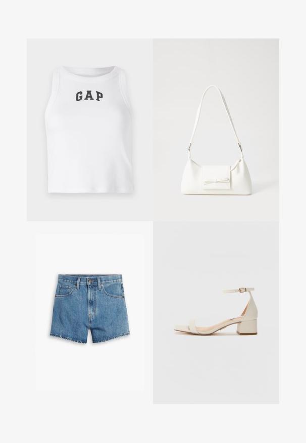 Top cropped sem mangas branquíssimo, feito de tecido canelado, com um logo preto "GAP" na parte da frente. Decote redondo com costuras limpas.; Bermudas de ganga em azul claro, com cinco bolsos, fecho de correr e fecho de botão. A bainha está desfiada com um design de corte descontraído.; Sandal de salto quadrado em bege. Apresenta uma fita fina no tornozelo com fivela, textura lisa semelhante a couro e uma altura de salto moderada.; Mala sintética branca com formato triangular, aba frontal plana e detalhe de laço, alça ajustável, textura suave e design minimalista.