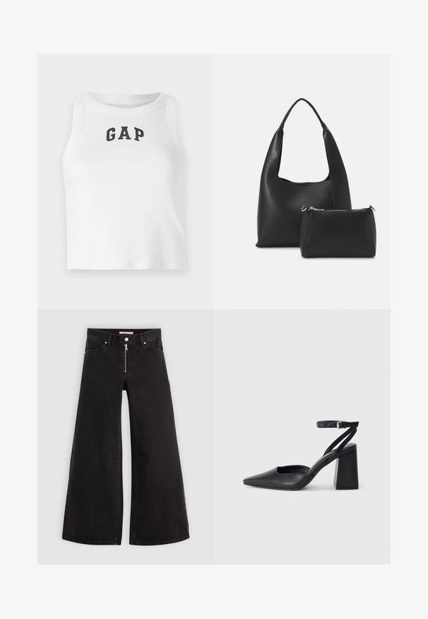 Witte mouwloze crop top van ribbelstof met een zwart "GAP" logo aan de voorkant. Ronde halslijn met schone naden.; Wijdvallende jeans van zwarte denim met een ritssluiting aan de voorkant, vijf zakken en subtiele stikdetails. Soepele textuur en casual stijl.; Zwarte leren puntige pump met een enkelbandje en een chunky hak. Vlakke textuur, strakke vormgeving en minimalistische esthetiek.; Even&Odd SET - Handtas - black