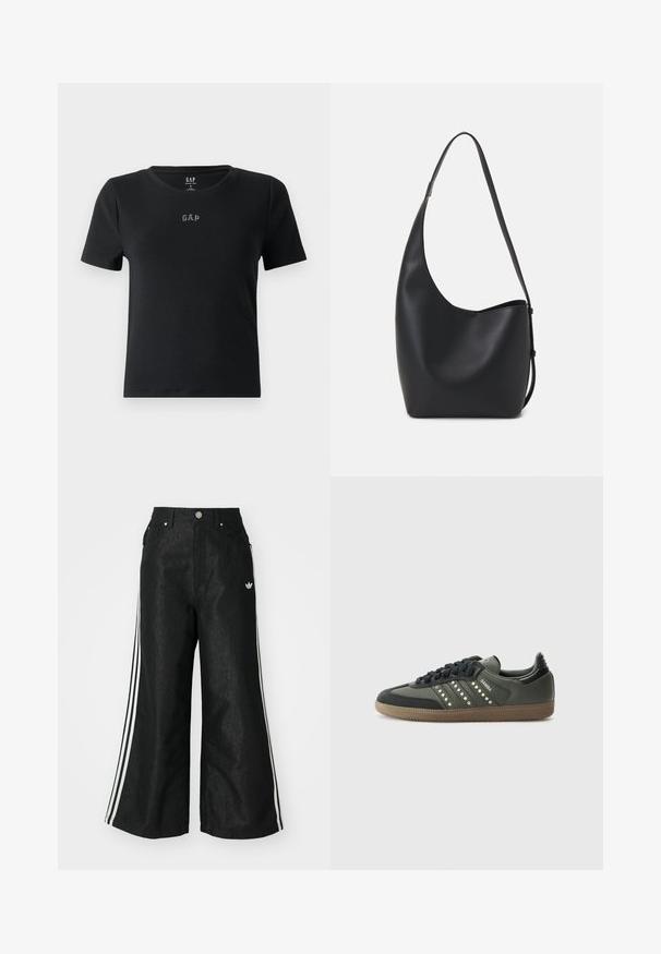 Svart t-skjorte med korte ermer laget av ribbet stoff, med rund halsutskjæring og en liten brodert "GAP" logo på brystet.; Sorte vide benbukser med tre hvite striper på hver side og en liten hvit logo. Har frontlommer og knappelukking.; adidas Originals SAMBA OG - Joggesko - core black/legend earth/gum; Svart lær hobo-veske med glatt tekstur, buet form og enkelt justerbart stropp; har en bred åpning på toppen.