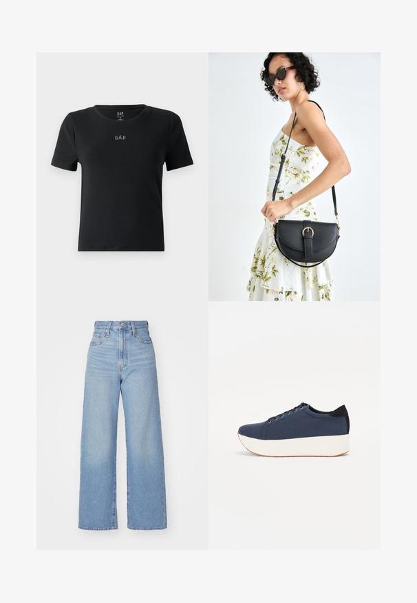 Camiseta negra de manga corta hecha de tela acanalada, con un cuello redondo y un pequeño logotipo bordado de "GAP" en el pecho.; Jeans de tiro alto y pernera ancha en azul claro, con cierre frontal de botón y cremallera, y bolsillos delantero y trasero, sobre un fondo blanco.; Zapatilla de color azul marino con parte superior de tejido texturizado, suela de plataforma blanca, punta redondeada y acento en el talón negro. Cuenta con seis ojales para los cordones.; Bolso de piel negra con forma curva, correa desmontable y herrajes dorados. El bolso cuenta con una solapa con un detalle de hebilla.