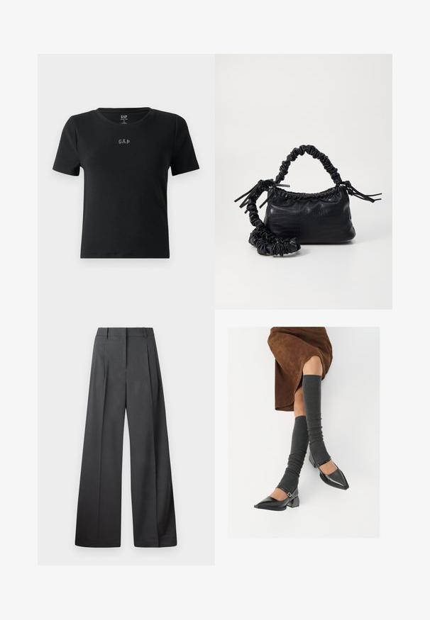 Sort kortærmet t-shirt lavet af ribbet stof, med rund halsudskæring og et lille broderet "GAP" logo på brystet.; Bredde benbukser i mørkegrå stof, med høj talje, enkelte læg og en glat tekstur med en ren finish ved kanten.; Sorte patenterede lædersko med spids tå, blokhæl og ankelrem, kombineret med grå ribbede benvarmere og en brun ruskinds nederdel.; Sort kunstlæder håndtaske med krokodilteksur, indsnøret top og en sammenkrøben rem. Ser blød og kompakt ud i designet.