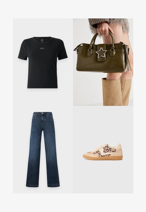 Must põhja, lühikeste varrukatega t-särk, mis on valmistatud ribatekstuuriga kangast, ümmarguse kaelaaugu ja väikese tikitud "GAP" logoga rinnal.; Tumedat sinised teksad laia jala disainiga, viie tasku ja ees oleva nööbiga sulgemisega. Sile tekstuur ja klassikalised peitevõrngud.; Leopardi mustriga tossud, millel on beež sueded ülemine osa, pruuni kummist põhi ja valged aktsendid. Ümar nina ja lipsukujundus, millel on tekstureeritud viimistlus.; Oliivroheline kunstnahast käekott koos hõbedase tähe aktsendiga, kahe käepideme ja luku sulgemisega. Tekstuuriga pind ja struktureeritud kuju.