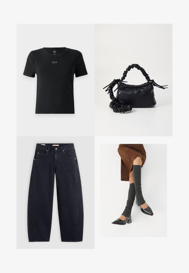 Schwarzes kurzärmliges T-Shirt aus geripptem Material, mit rundem Halsausschnitt und kleinem gesticktem "GAP"-Logo auf der Brust.; Schwarze Denim-Hose mit weitem Bein und hohem Bund, zwei vorderen Taschen und silbernen Beschlägen. Glatte Textur, minimale Nähdetails und gerader Schnitt.; Schwarze lacklederne spitze Schuhe mit Blockabsatz und Knöchelriemen, kombiniert mit grauen gerippten Beinstulpen und einem braunen Wildlederrock.; Schwarze Handtasche aus Kunstleder mit Krokodilstruktur, gerafftem oberen Teil und einem geschoppten Tragegurt. Sie wirkt weich und kompakt im Design.