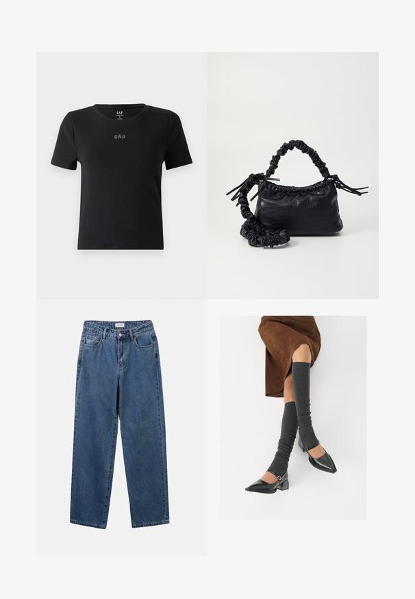 Crna kratka majica s kratkim rukavima od rebraste tkanine, s okruglim izrezom i malim izvezenim "GAP" logom na grudima.; Klasične plave traperice s ravnim nogavicama, pet džepova i dugmadom za zatvaranje. Imaju srednje pranje i čvrstu teksturu.; Crne lakirane cipele s šiljastim prstima, blok-petom i remenom oko gležnja, uparene s sivim rebrastim čarapama do koljena i smešnom suknjom od antilopa.; Crna torba od umjetne kože s teksturom krokodila, s cinčanim vrhom i naboranom trakom. Izgleda mekano i kompaktno u dizajnu.