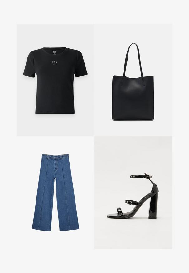Schwarzes kurzärmliges T-Shirt aus geripptem Material, mit rundem Halsausschnitt und kleinem gesticktem "GAP"-Logo auf der Brust.; Weite Jeans aus Denim in Mittelblau, mit hoher Taille, Knopfverschluss und kontrastierenden vertikalen Nahtdetails an der Vorderseite.; Schwarze patentierte Sandalen mit Absatz, quadratischer Spitze, Knöchelriemen und silbernen Schnallen. Mit einem stabilen Blockabsatz für mehr Stabilität.; Schwarze Laptoptasche aus Leder mit glatter Textur, rechteckiger Form und zwei langen Griffen. Keine sichtbaren Beschläge oder Verzierungen.
