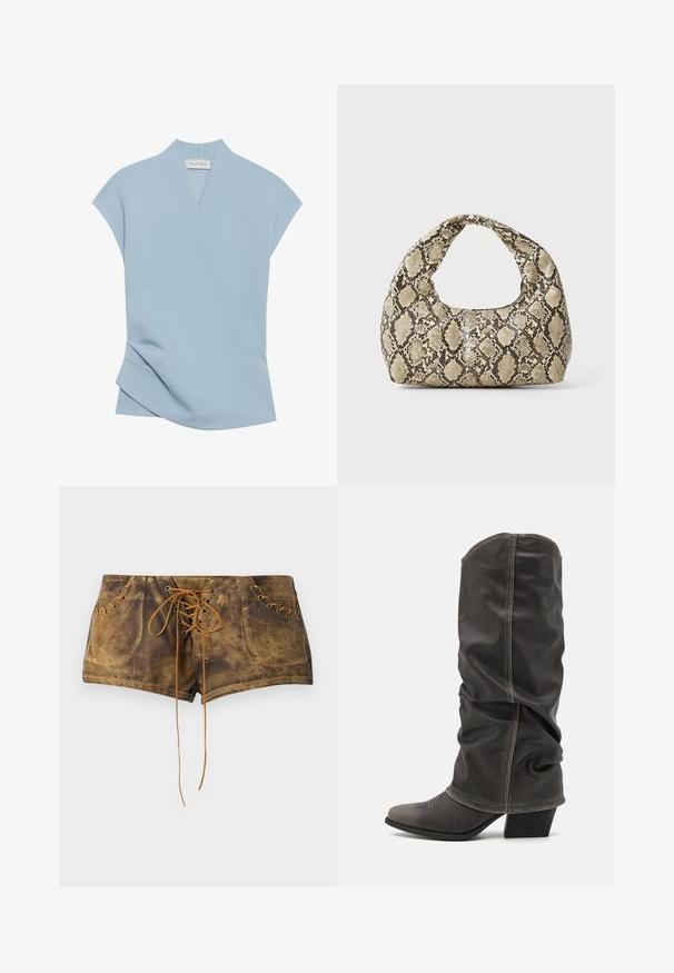 Gaiši zils īso piedurkņu tops ar apvēršanas dizainu, mīkstu tekstūru un smalkiem šuvuma elementiem. Izgatavots no patīkama auduma maisījuma.; Brūni šorts ar auklēm, ar teksturētu virsmu un kontrastējošām gaiši brūnām auklēm. Iekļauj acs caurumus un pieguļošu dizainu, nodrošinot ciešu izskatu.; Pelēki ādas zābaki līdz potītēm ar brīvu dizainu, smailo pirkstu un salikto papēdi. Ievērojama šuvju detaļa uz pirksta zonas.; Čūsku raksta soma ar izliekto rokturi. Izgatavota no teksturētiem, bēšiem un brūniem materiāliem, ar izteiksmīgu dimanta rakstu.