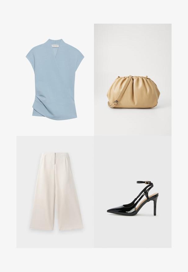 Helles blaufarbenes Kurzarmoberteil mit Wickeldesign, weicher Textur und subtilen Nähten. Hergestellt aus einem bequemen Stoffgemisch.; Beige weite Hose aus glattem Stoff, mit hoher Taille, seitlichen Taschen und einem klaren, minimalistischen Design.; Schwarze Patentleder-High-Heel-Slingback-Pumps mit spitzem Zeh, verstellbarem Knöchelriemen und offenen Seiten. Glatte Textur.; Tasch in hellbraunem Leder mit gefälteltem Design, verstellbarem Tragegurt und runder Form. Minimalistische Markenkennzeichnung auf der Vorderfläche.