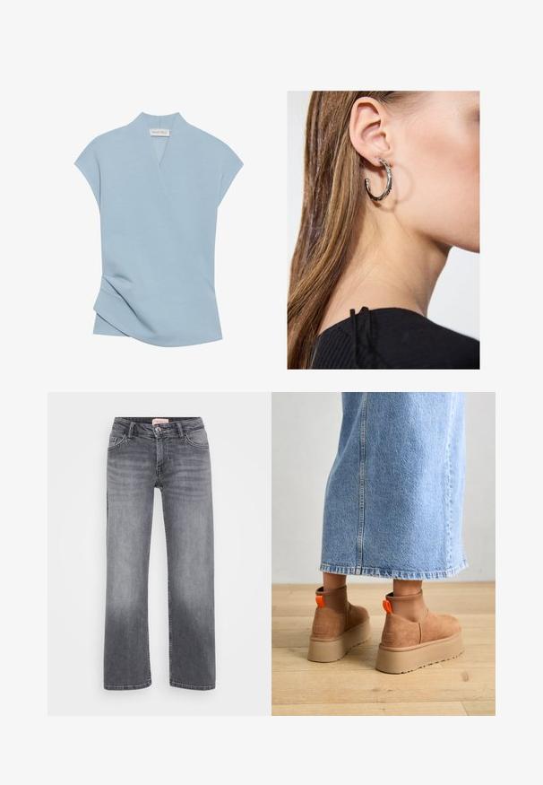Ljusblå topp med kort ärm som har en omslagning, mjuk textur och subtila sömdetaljer. Tillverkad av en bekväm tygblandning.; Grå denimjeans med rak passform, femficksdesign, subtil blekning och knappstängning i midjan.; Bruna mockakängor med plattform och elastiska sidopaneler samt orange dragflikar, till kombinerade med en knälång ljus denimkjol på ett trägolv.; Silverörhänge med polerad yta, med små detaljer i guld och rund form, bärs på loben.