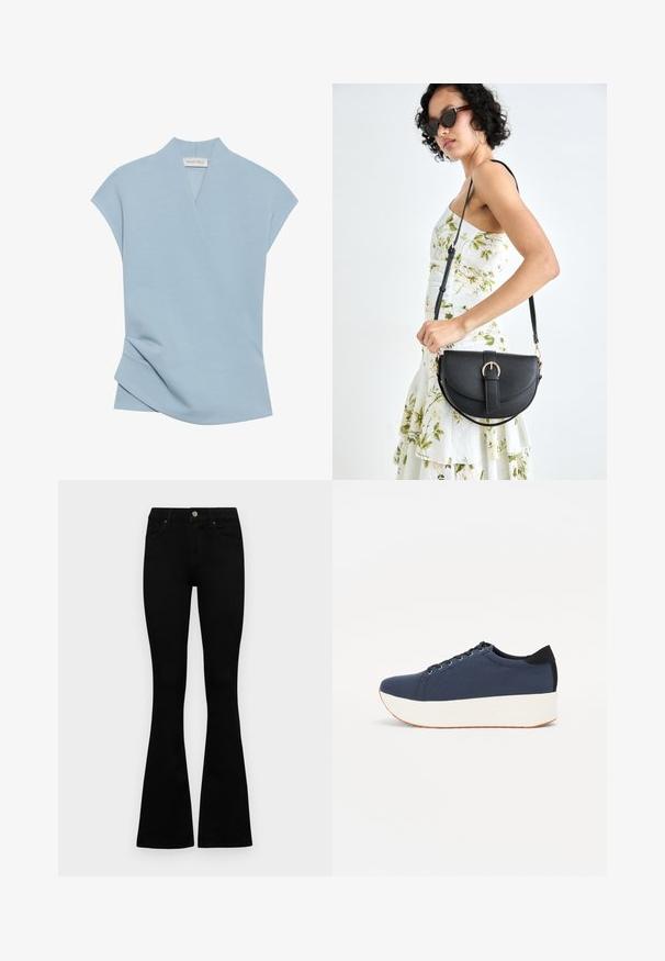 Hele sinine lühikeste varrukatega topp, mis omab mähise disaini, pehmet tekstuuri ja diskreetseid õmblusdetaili. Valmistatud mugavast kangasegust.; Mustad kõrge vöökohtadega teksad, millel on nööp ja lukuga sulgemine, esikäe taskud ja laienevad sääred, asetatud tasasele valgele taustale.; Tumedat sinised tennised tekstureeritud riidest pealispinnaga, valge platvormi tallaga, ümarate varvaste ja musta kontsapaneeliga. Omab kuut silma paelte jaoks.; Mustmust mustraha kõverate joontega, eemaldatava rihmaga ja kuldsete detailidega. Kotil on klapp, millel on pandladetail.