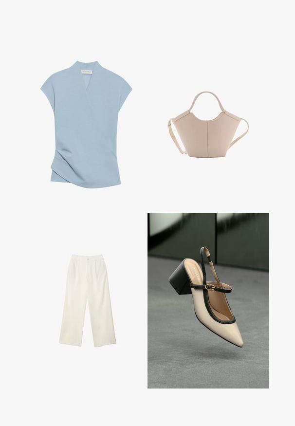 Svetr svetlomodrej farby s krátkym rukávom, ktorý má prekrývací dizajn, mäkkú textúru a jemné švy. Vyrobený z pohodlnej textilnej zmesi.; Široké nohavice z krémovej látky s hladkou textúrou, s jedným predným gombíkom, jemnými skladmi a vysokým pásom.; Béžová lodička so špicatou špičkou, s čiernym lemom, zlatou prackou a robustným blokovým podpätkom na šedom podlahe s tmavozeleným pozadím.; Béžová kožená kabelka s unikátnym tvarom, vybavená dvoma krátkymi uchami a jedným dlhým nastaviteľným popruhom. Hladký povrch s minimálnym kovovým príslušenstvom.