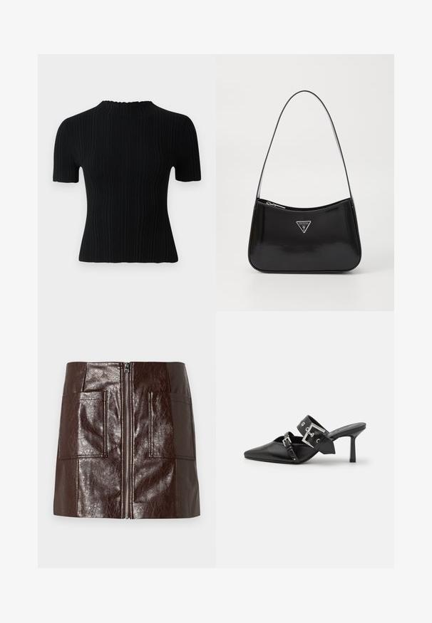 Top scurt cu maneci scurte, de culoare neagră, cu guler înalt. Prezintă un material texturat și o siluetă ajustată, oferind opțiuni de stilizare casuale și versatile.; Fustă mini din piele sintetică maro, cu un fermoar frontal, două buzunare mari în față și o textură netedă, lucioasă.; Mulele negre cu toc înalt, cu vârful ascuțit, fabricate din piele netedă. Dispun de o curea lată pentru gleznă, cu o cataramă pătrată din argint și cu cuie.; Geantă de umăr din piele patent neagră, cu o formă curbată, având un logo triangular argintiu și închidere cu fermoar. Textură netedă și curea subțire.