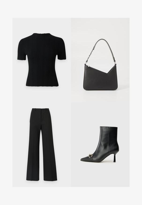 Sort ribbet kortærmet top med høj hals. Har et tekstureret stof og en tætsiddende silhuet, der giver afslappede og alsidige stylingmuligheder.; Sorte buks med vide ben og skræddersyet design, der har en glat tekstur og subtile plisseringer foran. Ingen synlige detaljer eller mønstre.; Sort læder ankelstøvle med spidse tæer, slank hæl i mellemhøjde og sølvspænde detaljer på siden mod en ensfarvet baggrund.; Sort læderhåndtaske i trekantet form med en slank rem og sølv hardware. Har lynlås-lukning og prægede logo på forsiden.