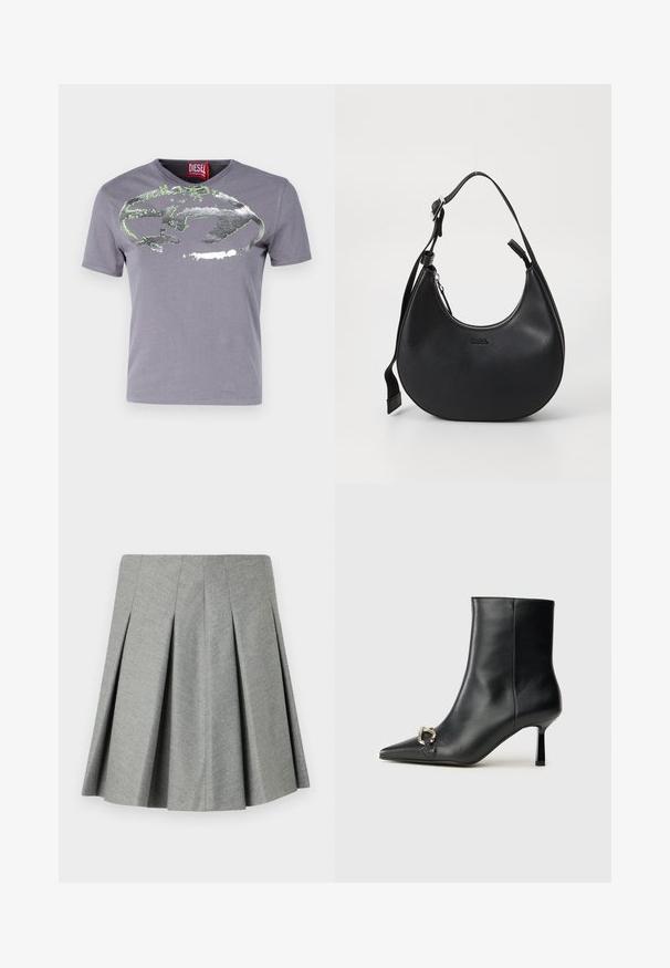 Diesel - T-shirt z nadrukiem; Szara spódnica plisowana wykonana z teksturowanej tkaniny, z dopasowanym paskiem w talii i rozszerzanym krojem. Brak widocznych elementów metalowych lub akcentów.; Czarny skórzany botek za kostkę z szpiczastym noskiem, smukłym średnim obcasem i srebrnym zapięciem po boku na jednolitym tle.; Czarna skórzana torba na ramię o zakrzywionym kształcie, z zamek błyskawicznym i regulowanym paskiem. Na froncie znajduje się wytłoczone logo marki.