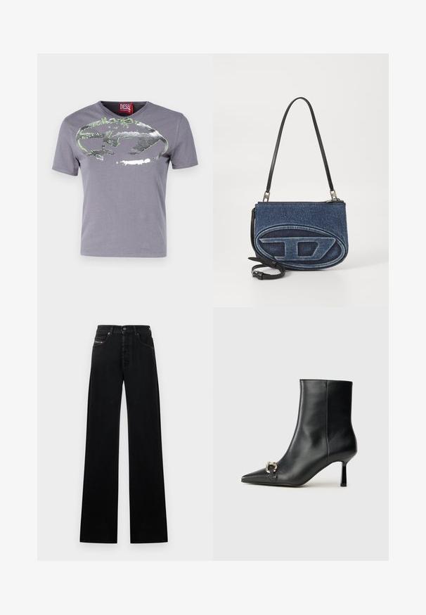 Diesel Tričko s potlačou - grey; Čierne džíny s širokými nohavicami z denimu, s predným zapínaním na gombíky, piatimi vreckami a malou logo nášivkou na páse.; Čierna kožená členková obuv s špicatou špičkou, štíhlým stredne vysokým podpätkom a striebornou sponou na boku na jednoduchom pozadí.; Džínová crossbody taška s čiernym koženým popruhom, oválny dizajn loga na prednej strane a zips na vrchu. Textúrovaný povrch.