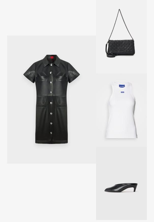 White sleeveless tank top made of ribbed fabric, featuring a round neckline and a blue "HUGO" label near the collar. Smooth texture.; Black leather dress with short sleeves, collar, button front, and two breast pockets. Features silver hardware and a smooth texture.; Black leather mules with a tapered toe, low heel, and smooth texture. Minimalistic design with no visible hardware or patterns.; Black quilted leather bag with a chain strap, featuring skull accents and a zip closure. Textured surface with a glossy finish.